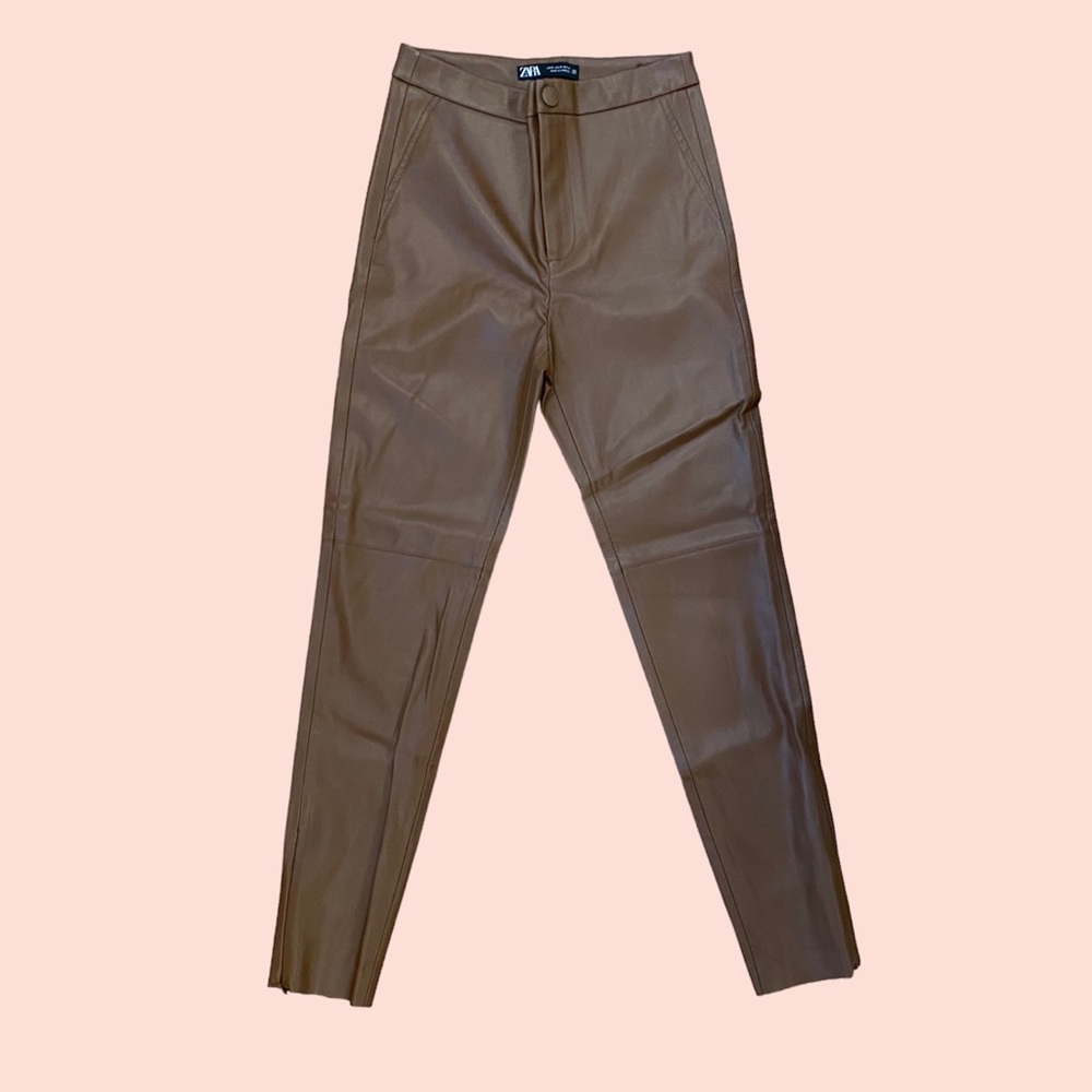 Brown faux leather trousers from Zara